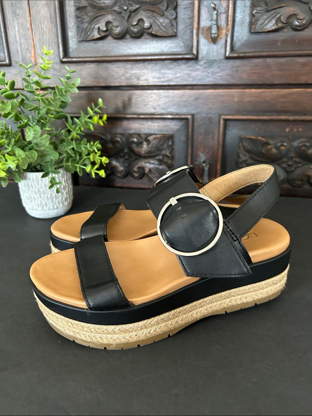 UGG Black Leather Platform Espadrille Sandals with Silver Buckle
